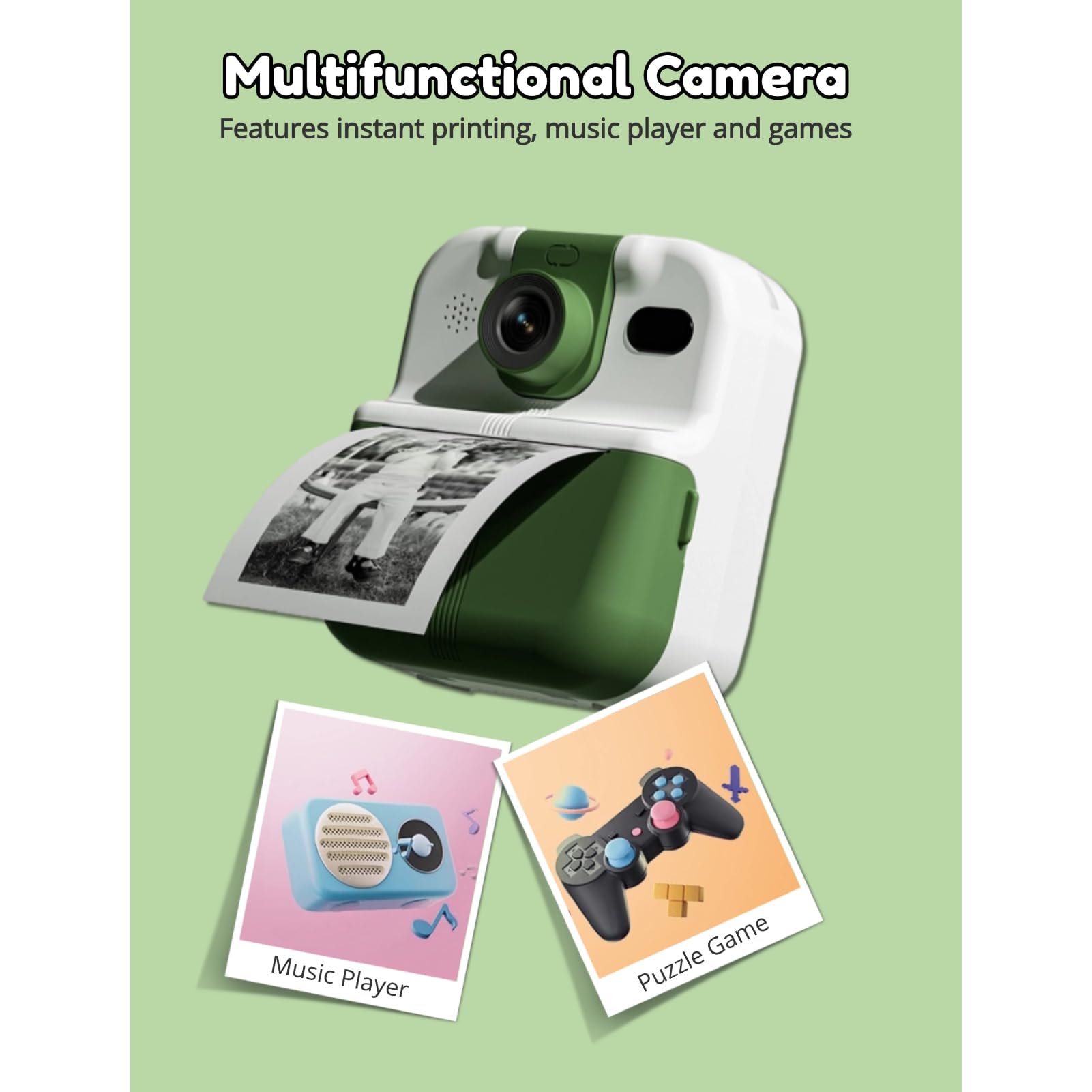 Aparat do Natychmiastowego Drukowania, Aparat dla Małych Dzieci 1080P 48 MP, 2,4-calowy Ekran IPS Obrotowy Obiektyw o 180 Stopni Przenośny Aparat do Selfie z 3 Rolkami Papieru