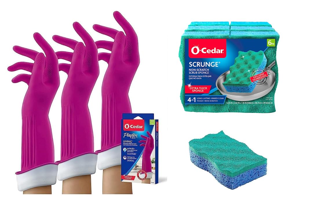 O-Cedar Multi-Use Scrunge Scrub Sponge (6 CT) with Playtex Living Reuseable Rubber Cleaning Gloves (Medium, 3 Pairs)