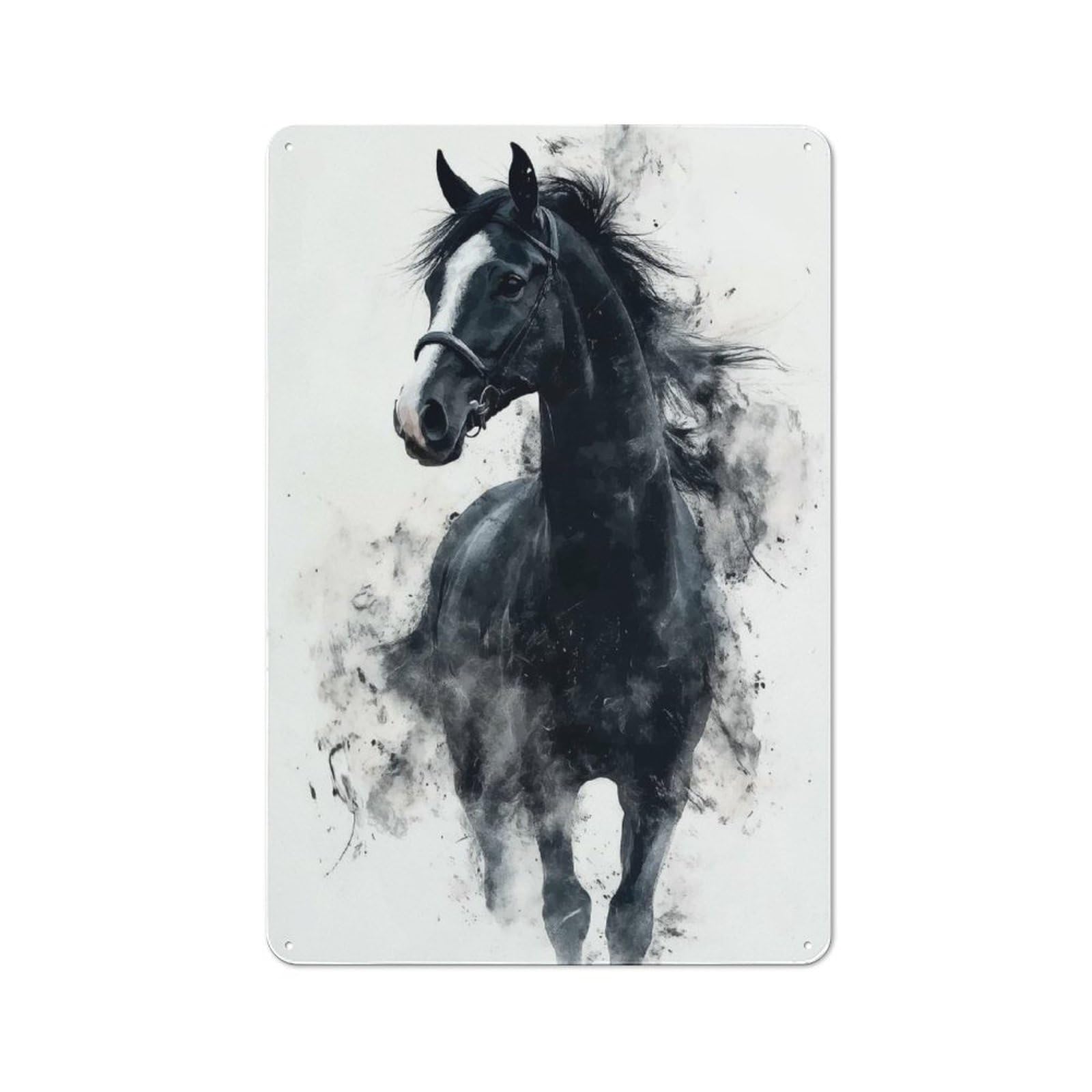 Junmoney Style-5 Metal Wall Sign 30X20cm Featuring Black Horse Watercolor For Hallway Wall, For Hallway Decor Lovers, For Retro Home Interiors