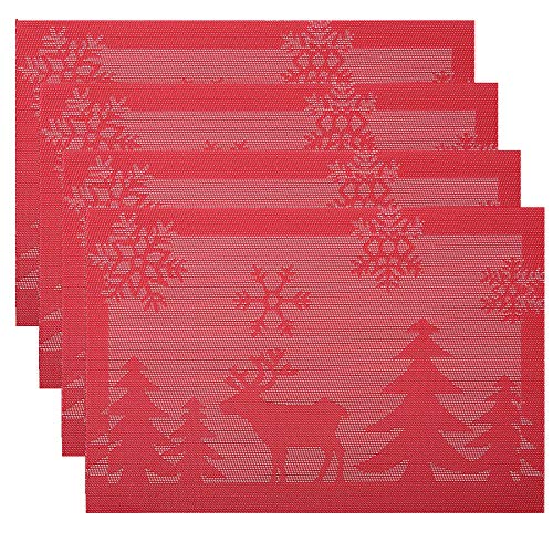 Tisch Mats Set Platzsets Weihnachten Tischsets von 4 Dekorative Weihnachts Geschenke Tabelle PVC Rutschfeste Matten Waschen, Hochtemperatur Tischdecke Restaurant Weihnachtsbaum Reh 45 cm x 30 cm Rot Cover