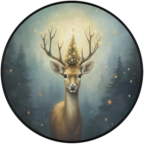 Miniatura 2 de Alfombra redonda de árbol de Navidad con diseño de reno de 3 pies, lavable a máquina, para comedor, mesa, dormitorio, sala de juegos, alfombra para