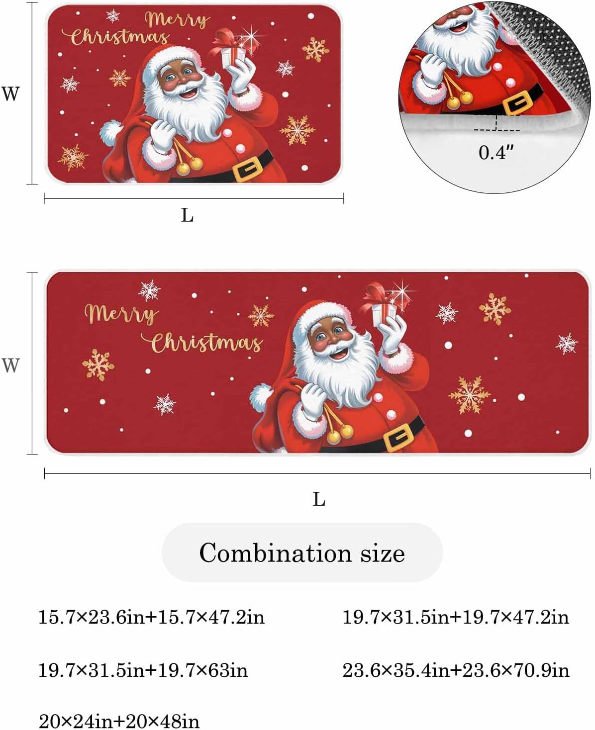 Prime Leader Black Santa Claus Merry Christmas Kitchen Mats Set 2 Pieces Xmas Snowflake Red Non Slip Kitchen Rugs Washable Runner Rug Mats for Kitchen Sink Laundry Office 15.7" x 23.6"+15.7" x 47.2"