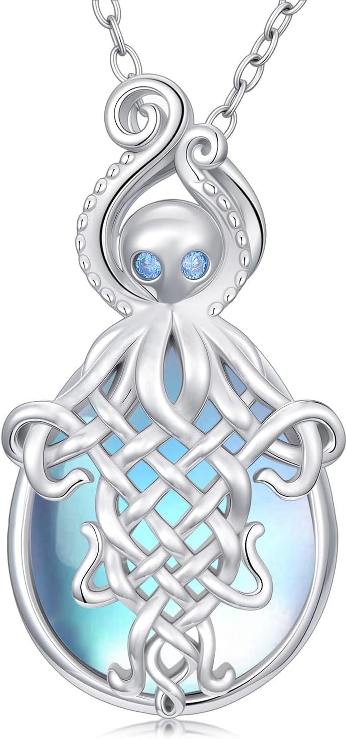 Octopus Necklace for Women 925 Sterling Silver Moonstone Octopus Pendant Ocean Animal Octopus Pendant Summer Beach Jewelry for Women Mom