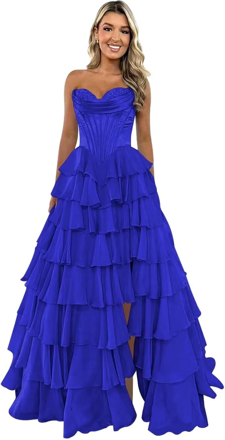 Lorencia Strapless Pleats Tiered Chiffon Prom Dresses Long Empire Waist Sweetheart Corset Satin Formal Gowns with Split