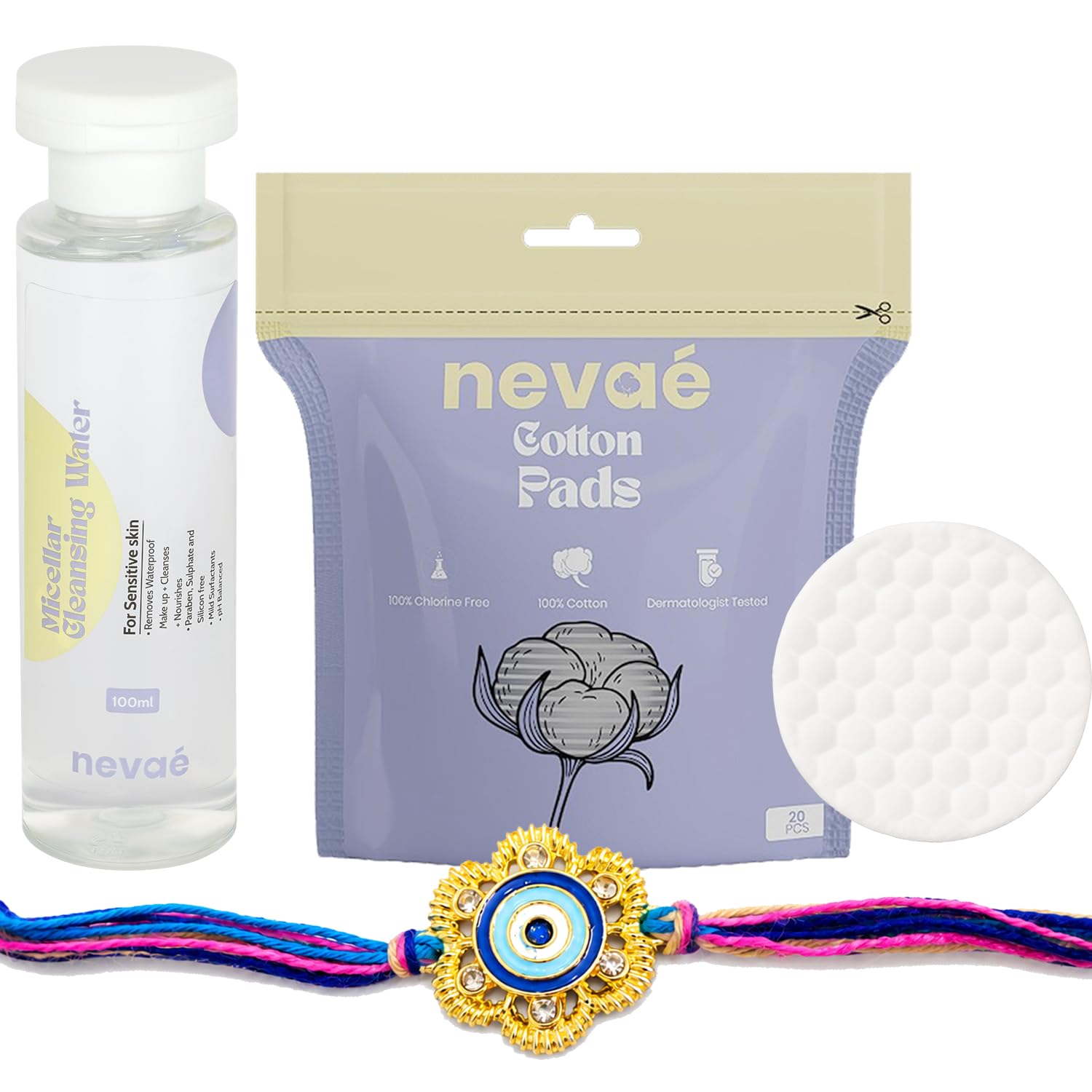 Nevae Micellar Water 100ml with 20 Pcs Cotton Pads, Premium Golden Evil Eye Rakhi Set for Brother-image-47
