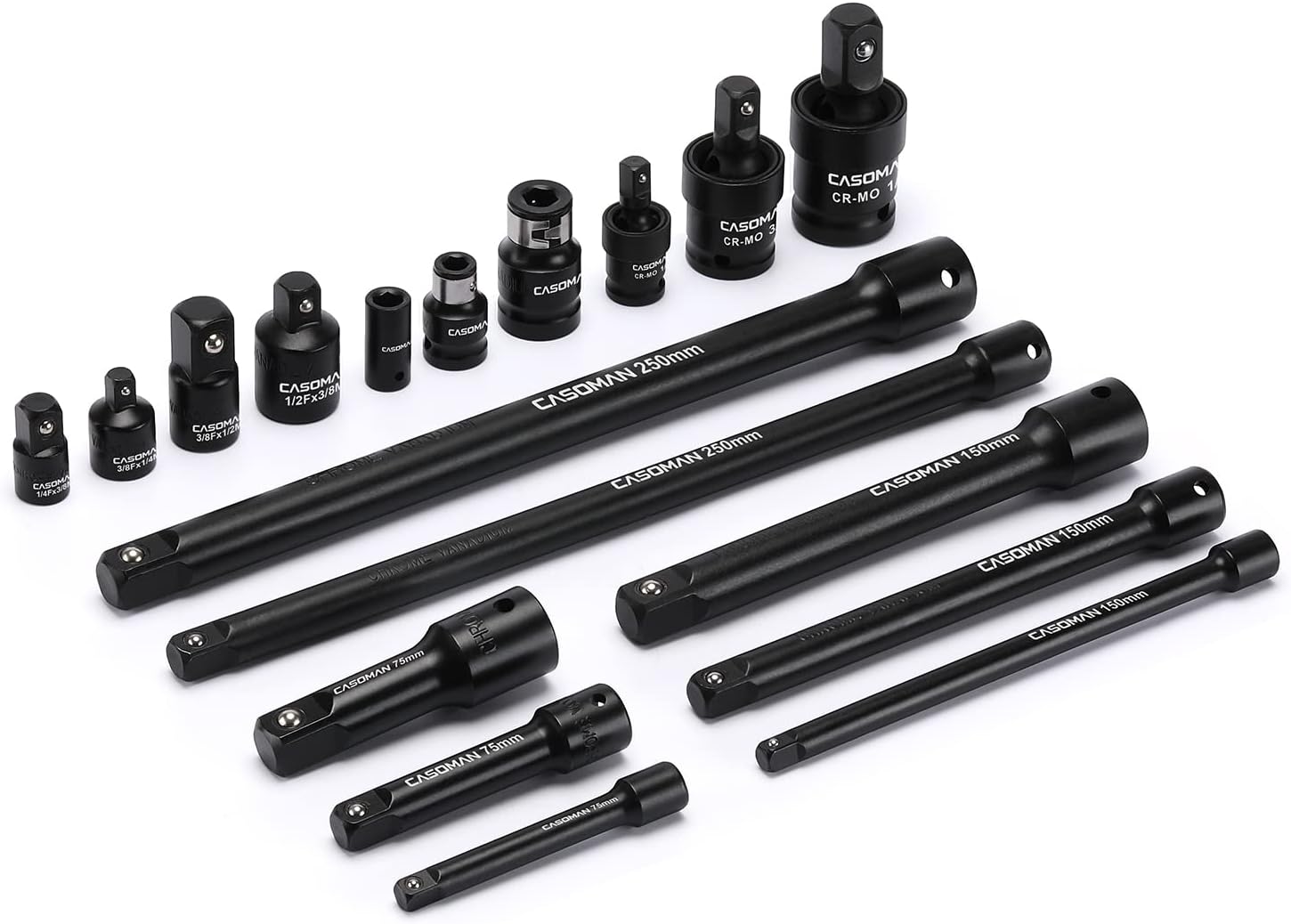 CASOMAN 18-Piece Drive Tool Accessory Set, Premium CR-V Steel with Black Phosphate Finish, Includes 1/2",3/8",1/4" Impact Universal Joint, Socket Adapters Extensions