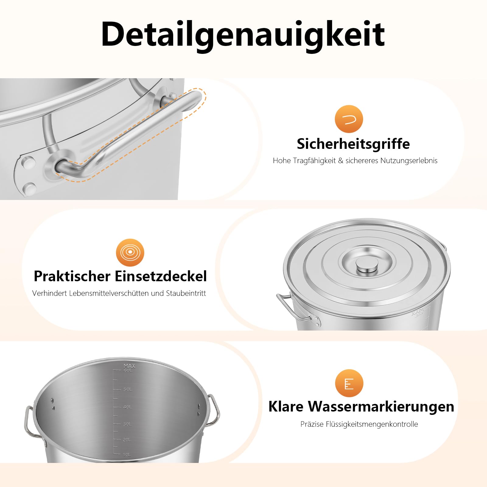 Edelstahl Suppentopf 70L, Kochtopf Groß Induktion mit Griffen, Ø 45cm, Hohe: 45cm, Sinkendeckel, Polierte Oberfläche, für Gasherden, Elektroherden, Induktionsherden