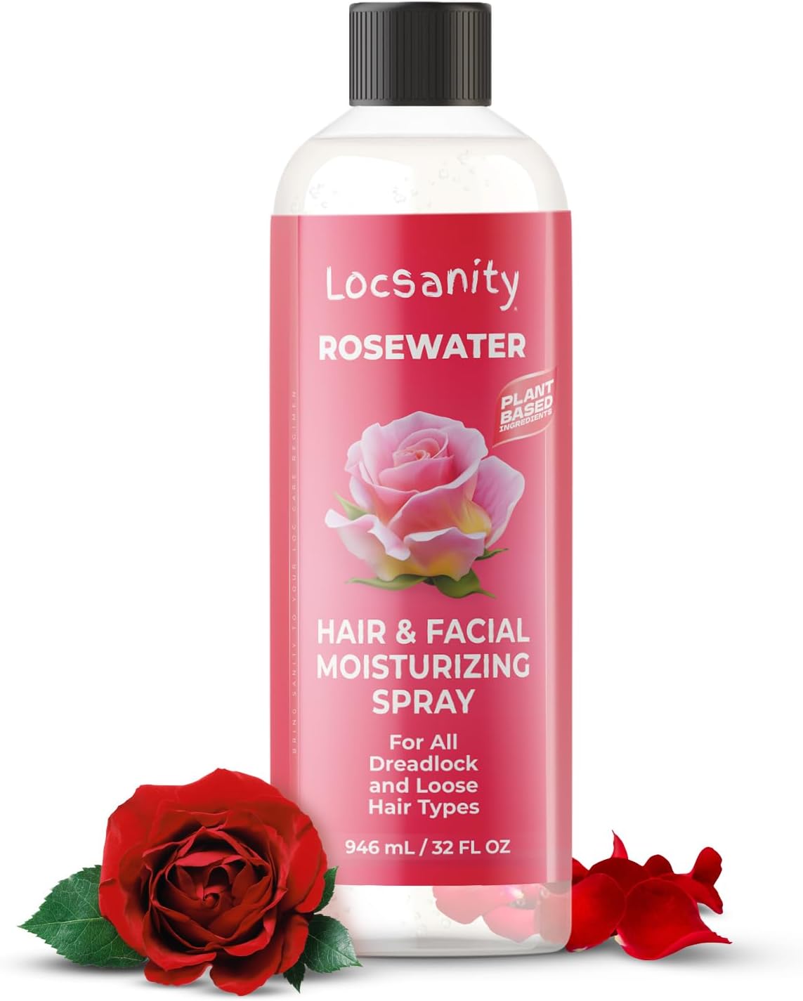 Locsanity Pure Rosewater Hair and Facial Spray – Jumbo Size Hydrating Face Mist to Soothe, Refresh, and Rejuvenate Skin, Reduce Oil and Buildup (32oz)