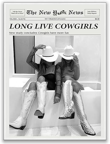 Arte de pared de vaquera costera, impresión de periódico, arte de pared occidental vintage, carrito de bar, decoración retro para dormitorio, arte