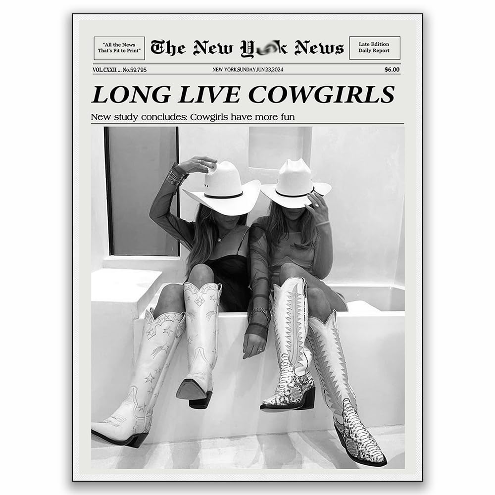 Coastal Cowgirl Prints Newspaper Print Wall Art - Western Wall Art Vintage Bar Cart Dorm Retro Decor - Long Live Cowgirls Art - Black and White Wild
