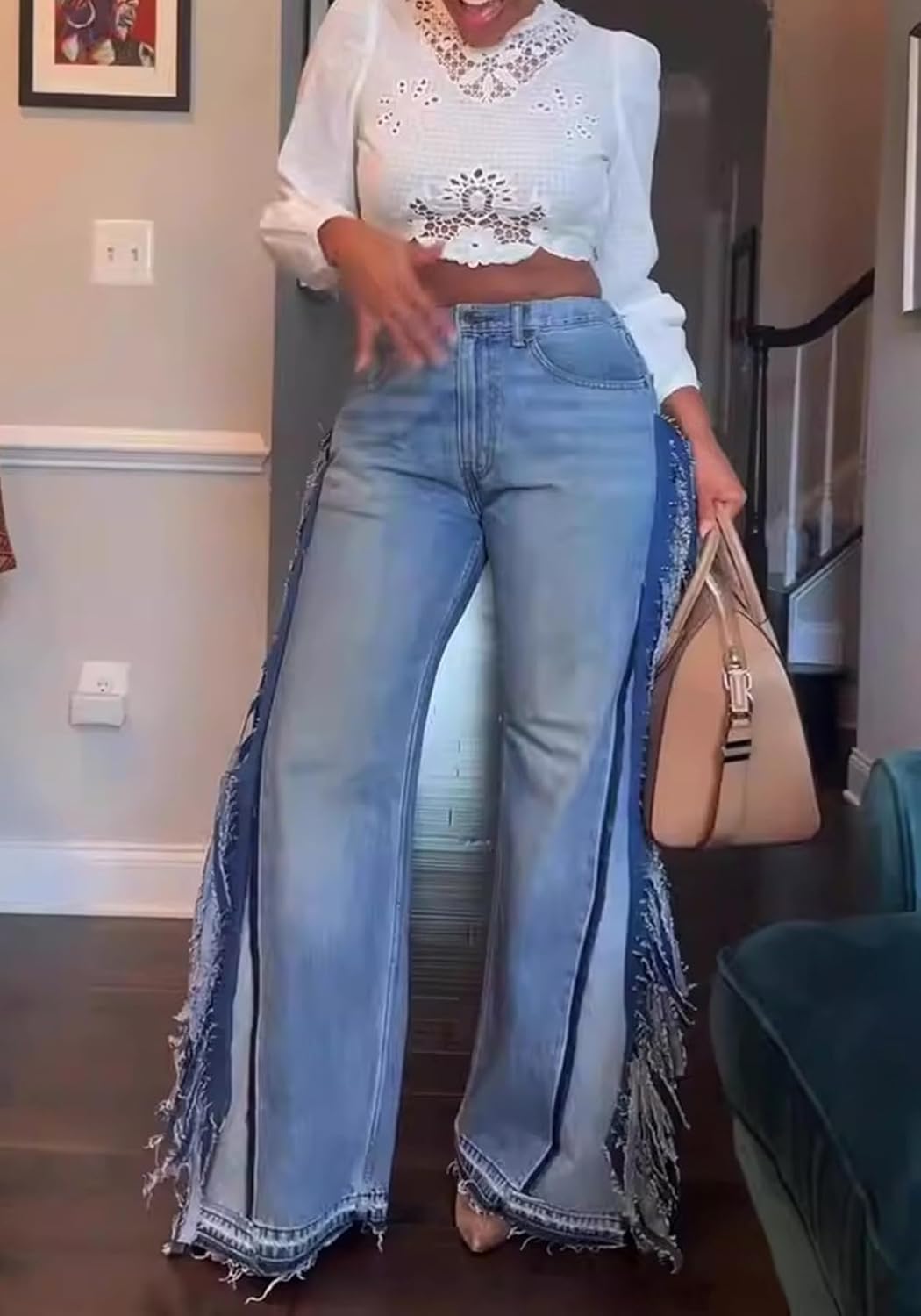 Women's Wide Leg Jeans High Waist Straight Leg Jeans Baggy Cargo Jean Tassel Fringe Denim Pants Streetwear - Image 5