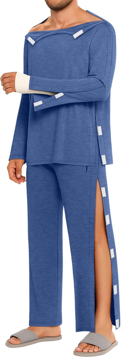 August Alley Men Full Tear Away Suit Set 2 Pcs Open Post Shoulder Shirt invalid Pants Recovery Pajama Fracture Care Bedridden