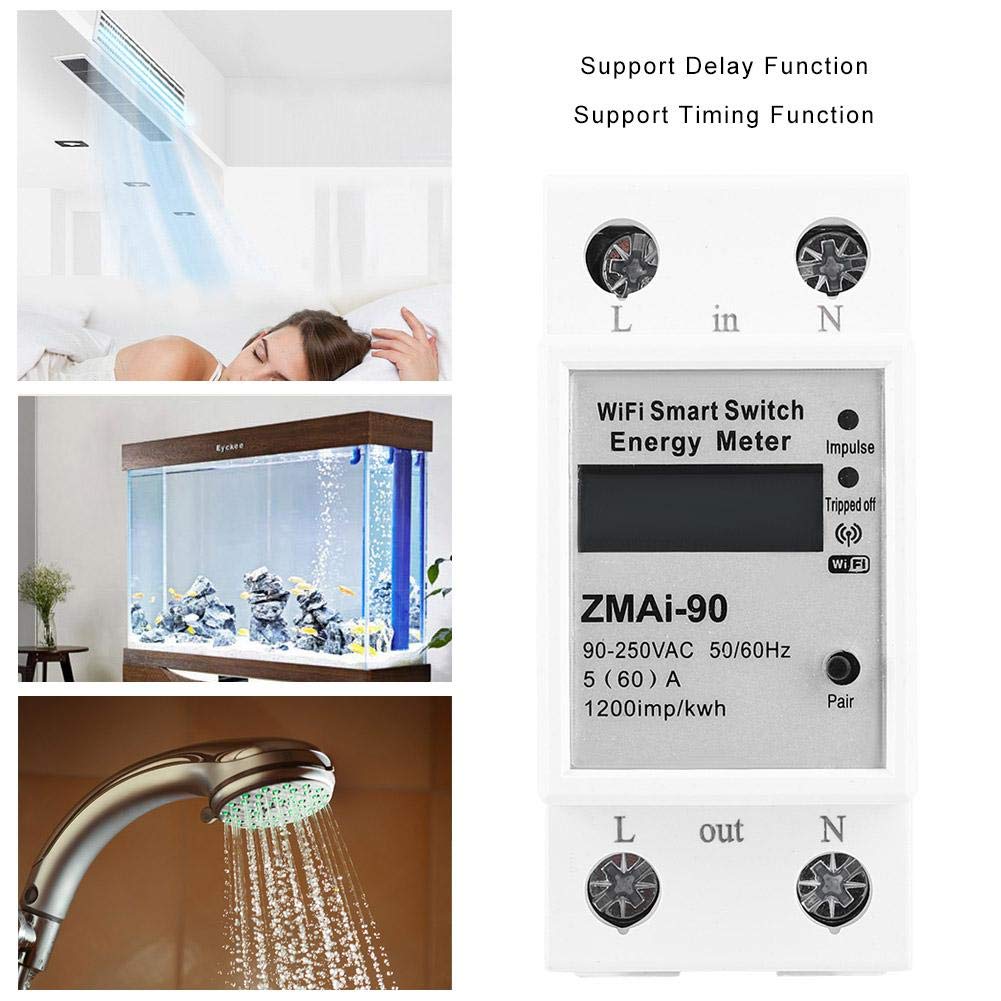 Image showing the ZMAi-90 meter and examples of timing and delay functions for an air conditioner, fish tank, and shower.