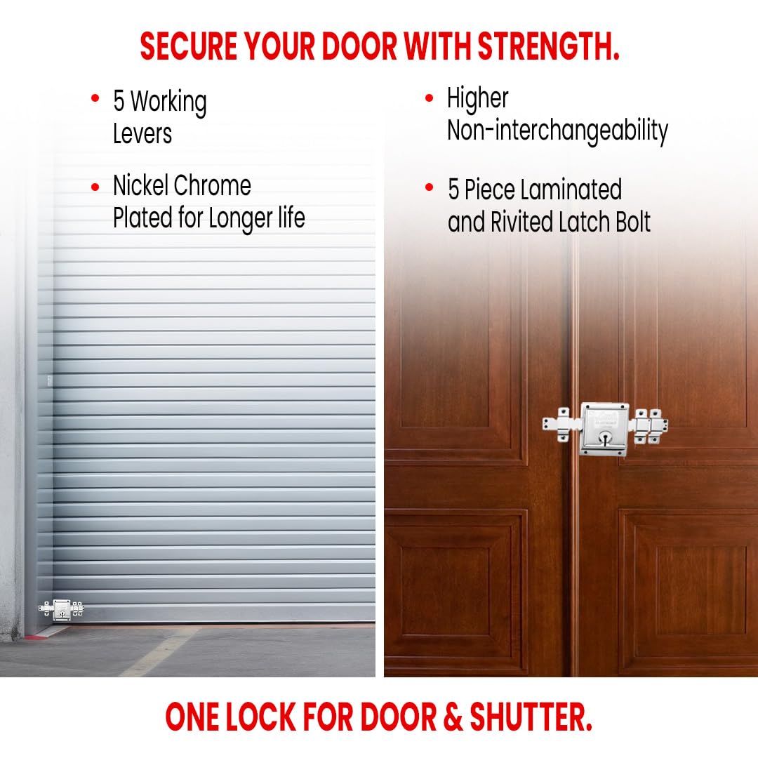 Link 12 Turn Main Door/Shutter Heavy Lock with 2 Key Stroke Lever Mechanism (106x135mm) – Nickel Chrome Plated, 5 Working Levers, Durable for Residential & Commercial Use (Silver) — Amazon image 4