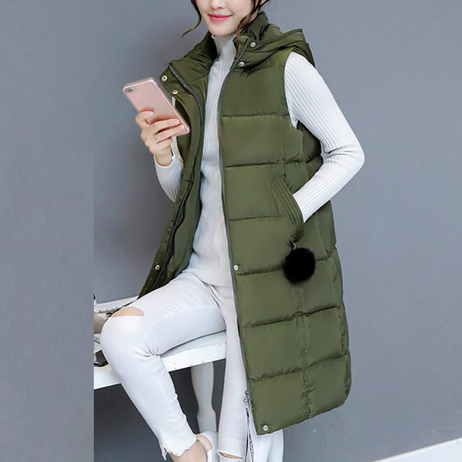 Damen Steppweste: Ärmellose Weste Mit Kapuze Warm Mantel Gesteppte Winterjacke Elegant Westen Damenmode, Reißverschluss, Tasche