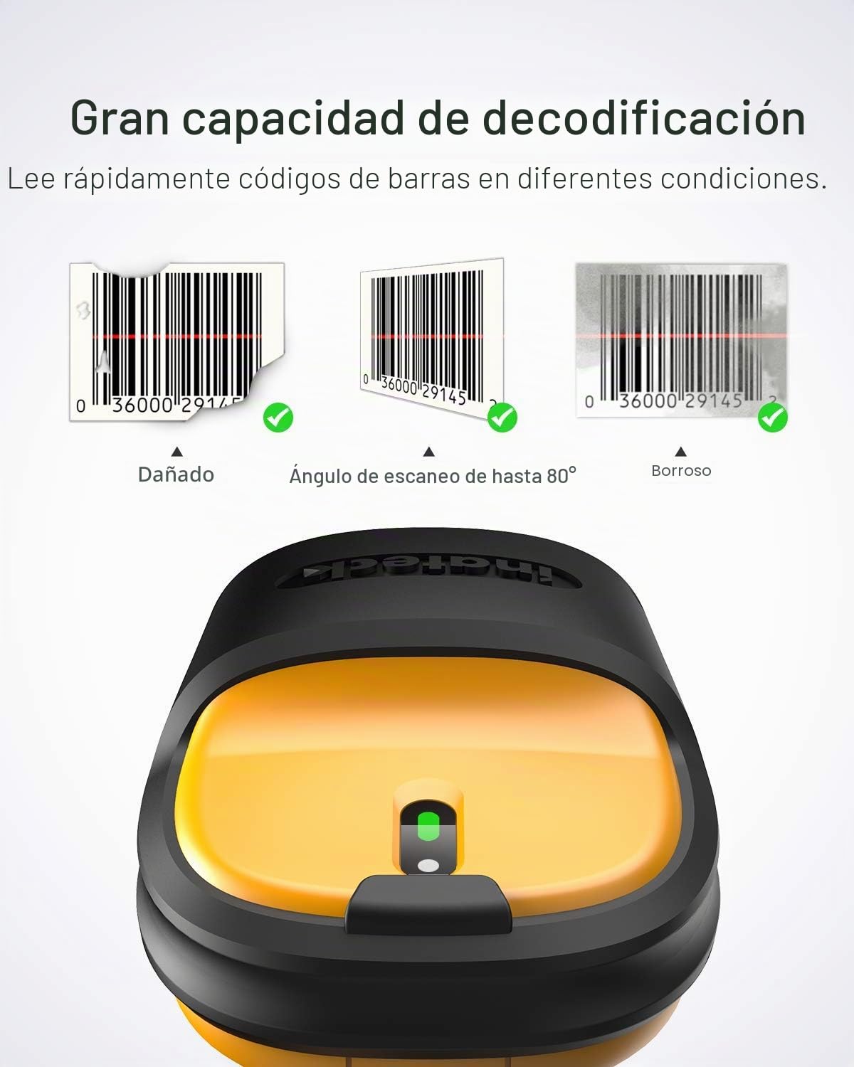 Inateck Lector Codigo Barras Escáner de Códigos Inalámbrico 2.4GHz Barcode Scanner | Alcance 60m Batería 2600mAh Duración batería Uso ininterrumpido 1 Mes Lectura automática rápida y precisa P6