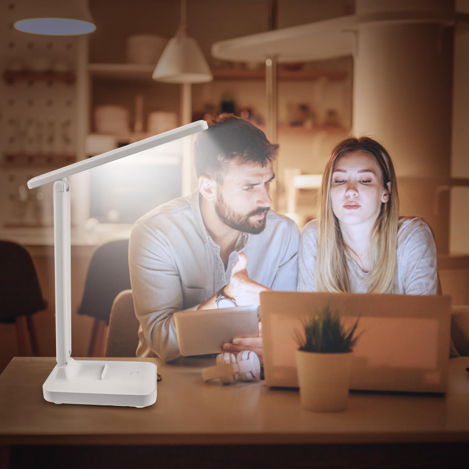 UKOFEW Lámpara Escritorio Led, Flexo Lamparas de Mesita de Noche, Plegable Lampara de Mesa, Ajustable Lamparas sin Cables 3 Modos y Atenuación Anómala para Cama,Oficina,Leer,Estudiar,Nocturna(Blanco)