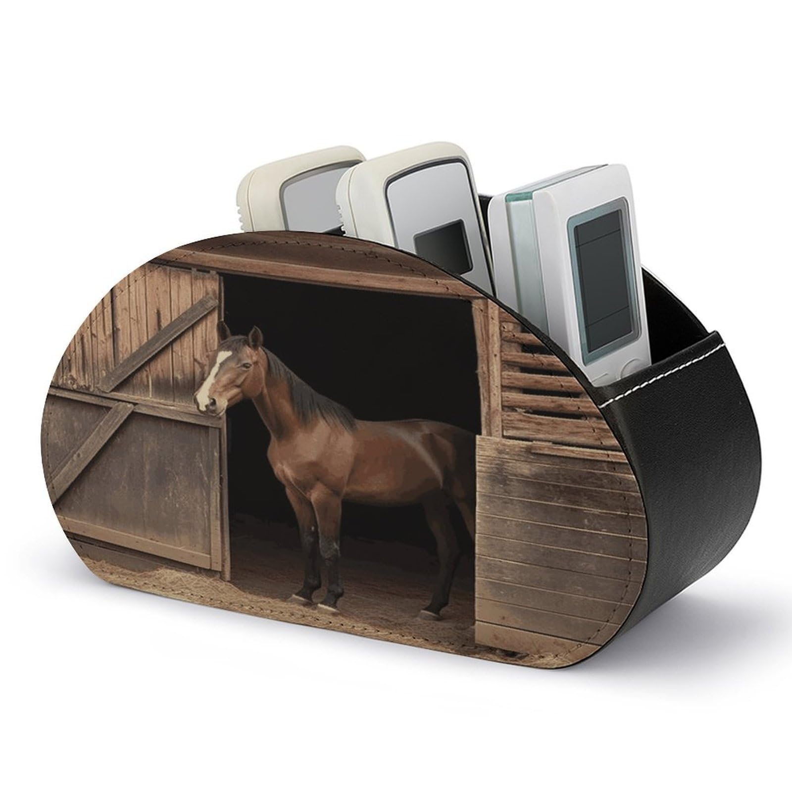 FekiLoot Barn Horse Remote Control Holder with 5 Compartments Multi-functional TV Remote Caddy Organizer Leather TV Remote Holder Desktop Organizer Store for Bedside Table Office Desk