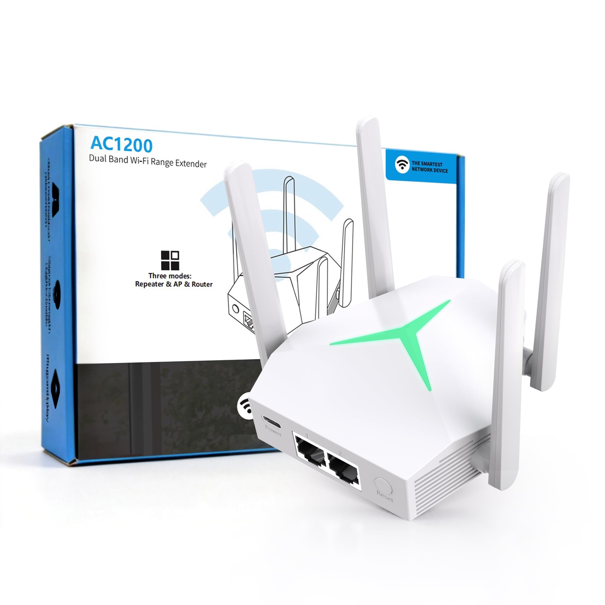 Ripetitore WiFi 1200 Mbps, Amplificatore con LED Disattivabile | Luce LED notturna disattivabile senza disturbi; 4 antenne e modalità Ripetitore/Router/AP per una copertura flessibile
