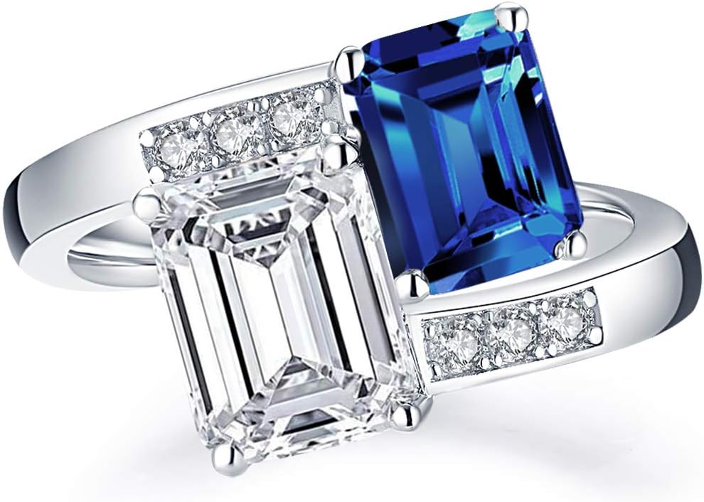 AINUOSHI Emerald Cut 4 Carat Cubic Zirconia Blue CZ Double Twisted 925 Sterling Sliver Wedding Engagement Ring Sizes 5 to 8