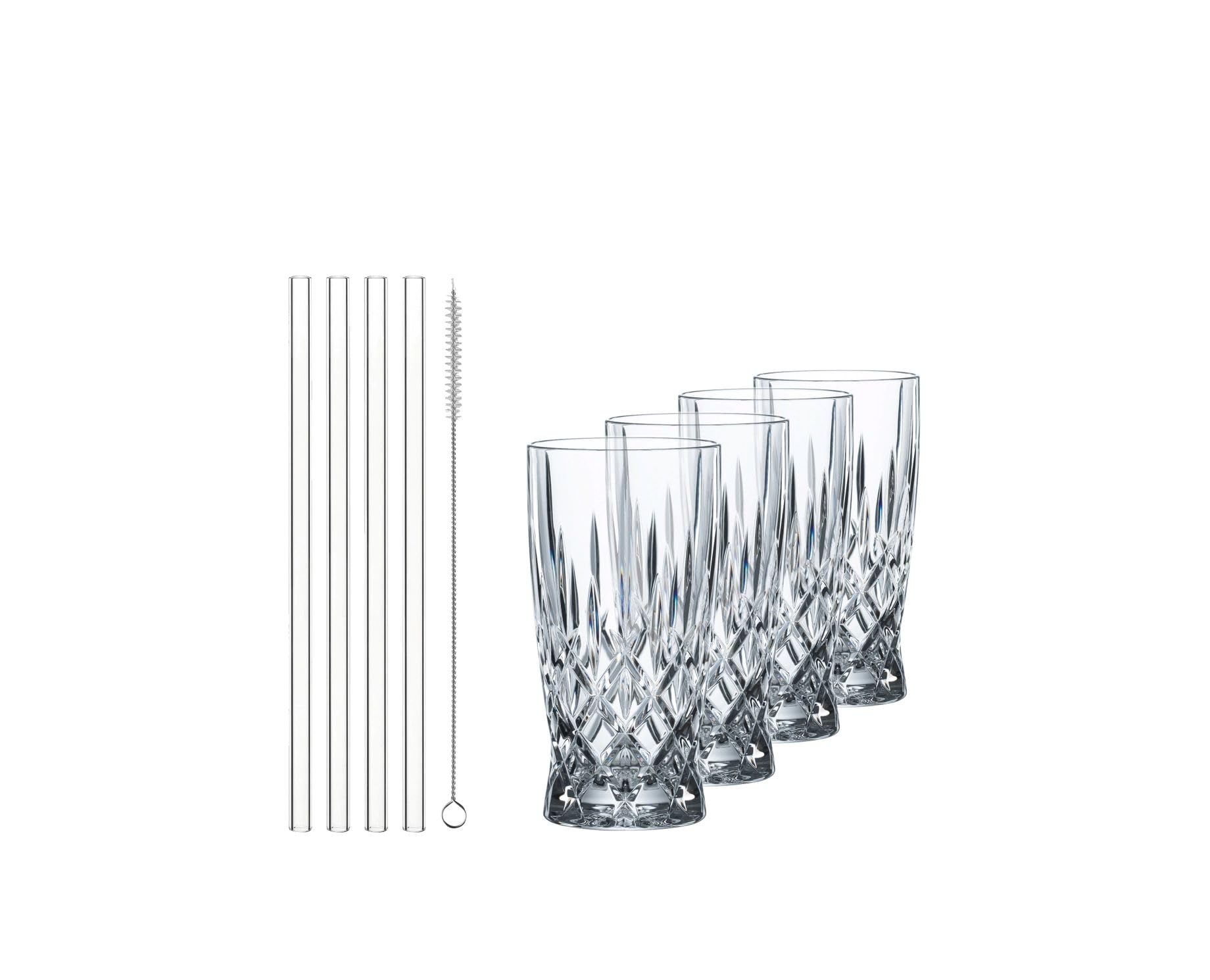 Nachtmann Noblesse Latte Macchiato Glasses with Straws | 11.8 oz Coffee Mugs Set of 4, Clear Crystal Glass Cups for Cappuccino or Latte Macchiato | Dishwasher Safe