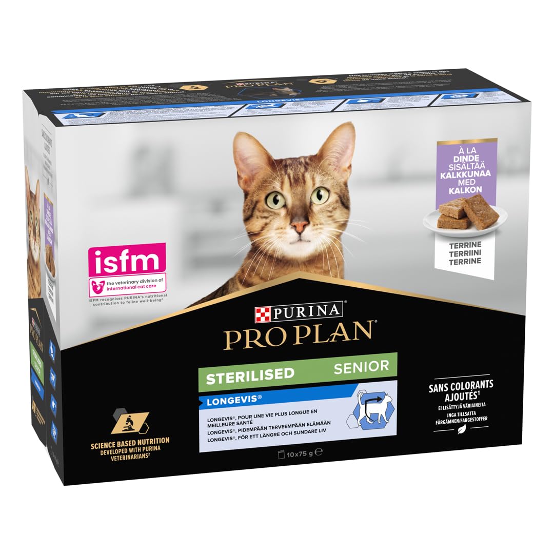 Purina Pro Plan Comida Húmeda para Gato Esterilizado 7+ Senior, Mayor, Terrina Pavo, 10 Sobres de 75g
