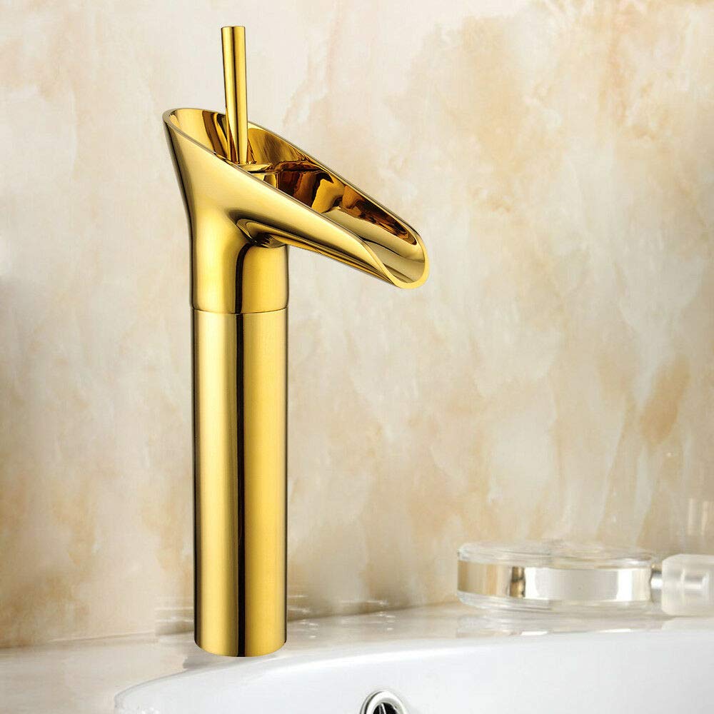 Rubinetto per lavabo a cascata, rubinetto da bagno, in ottone dorato.