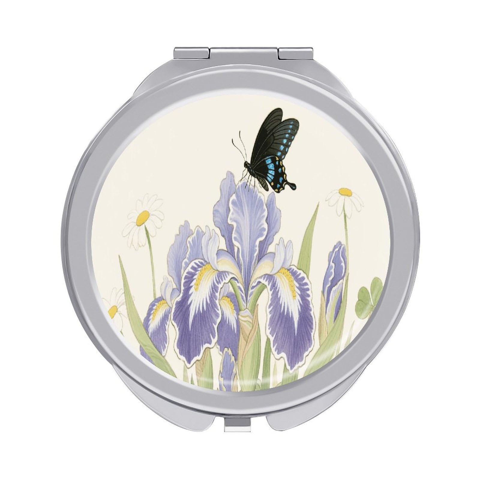 VstaDank Blue Wildflowers Butterfly Makeup Mirror Beautiful Compact Makeup Mirror Silver Mirrors Surface Folding Makeups Lightweight Travel Makeups Mirrors for Suitable Handbag and Purses