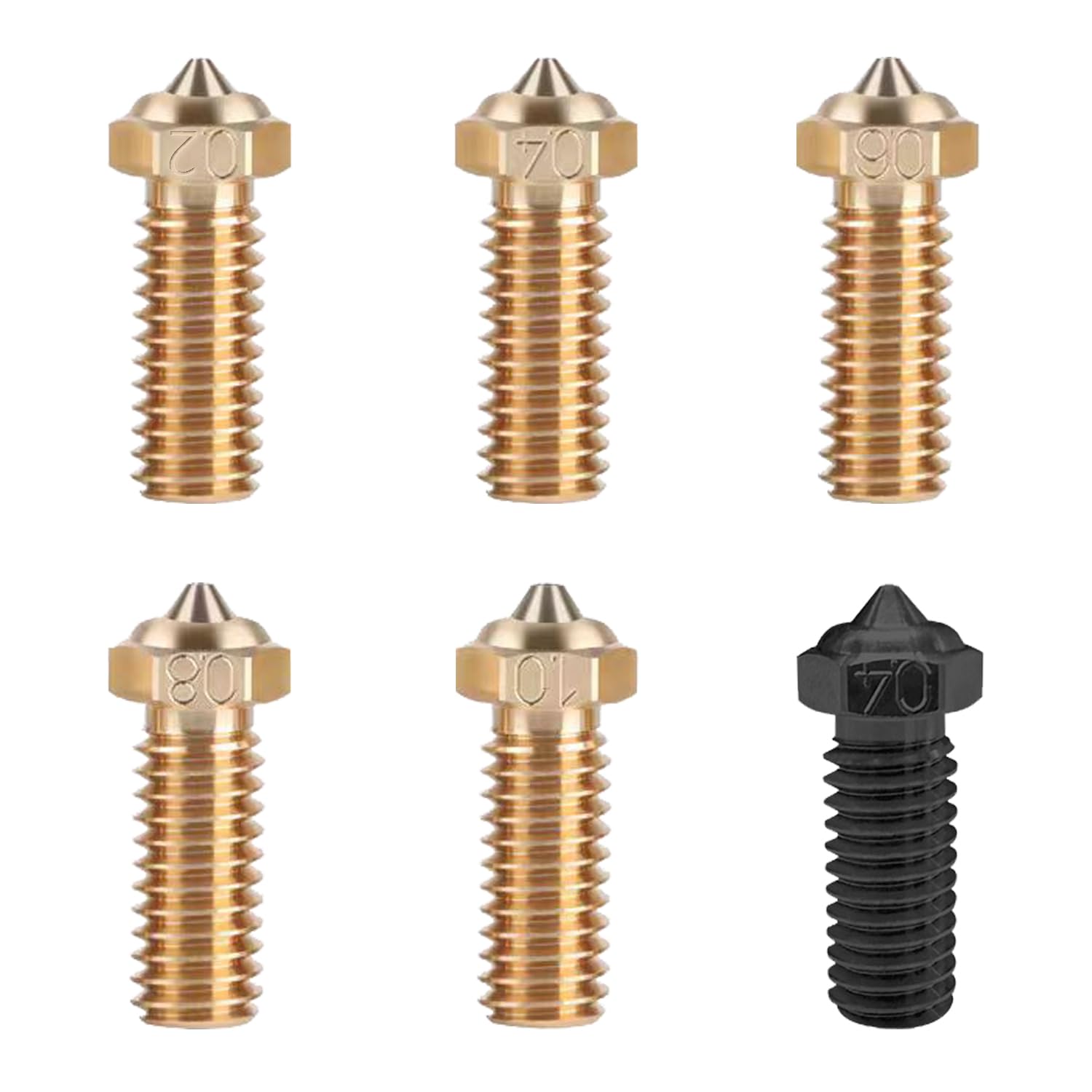 6PCS 3D Printer Extruder Nozzles Kit for QIDI X-Smart3/X-Plus3/X-Max, Packed High Temperature and Wear Resistance 1PC 0.4mm Hardened Steel Nozzle, 1PC 0.2mm/0.4mm/0.6mm/0.8mm/1.0mm Brass Nozzle