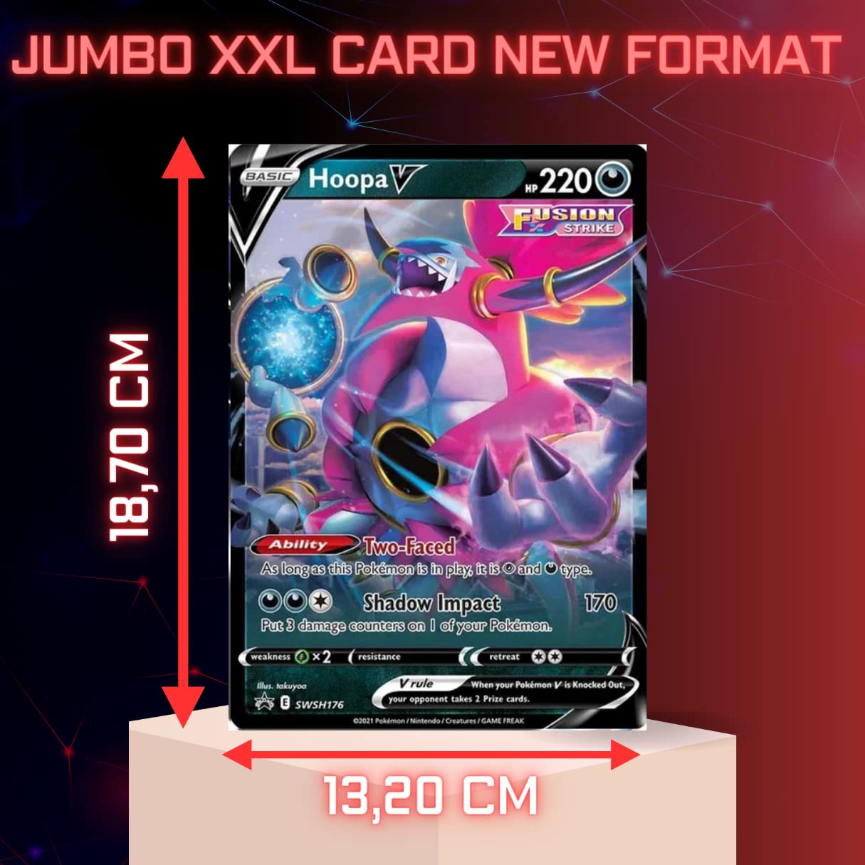 Promotional Format Pokemon Cards, GX Cards, VMAX, EX, Vstar or V, Size XXL, Pokemon Promotional Box, Official Cards, English Language (Hoopa V) Toys