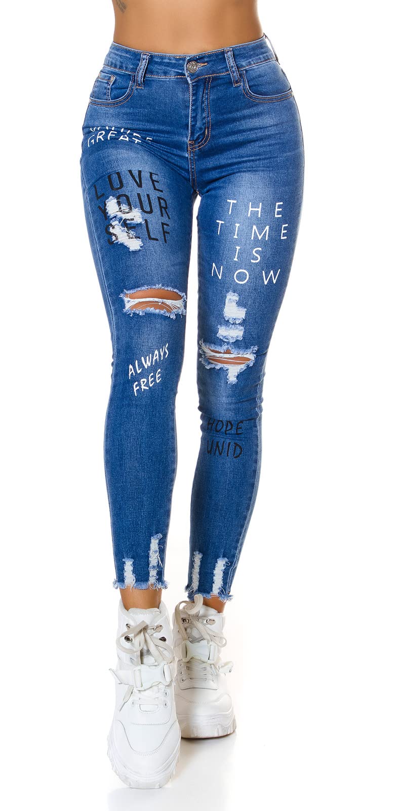 Miss RJ Jeans High Waist Women's Skinny Jeans Jeans Pants Used Look with Lettering Print (36, Blue)