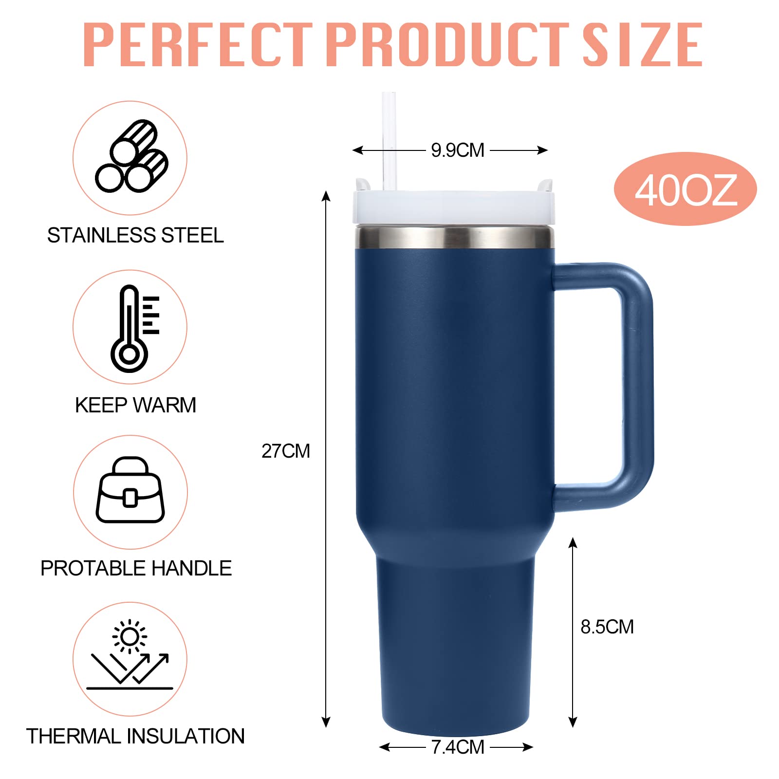 Vaso de acero inoxidable aislado con asa y tapa con pajita, taza de viaje reutilizable para bebidas frías, perfecta para café helado en casa o sobre la marcha
