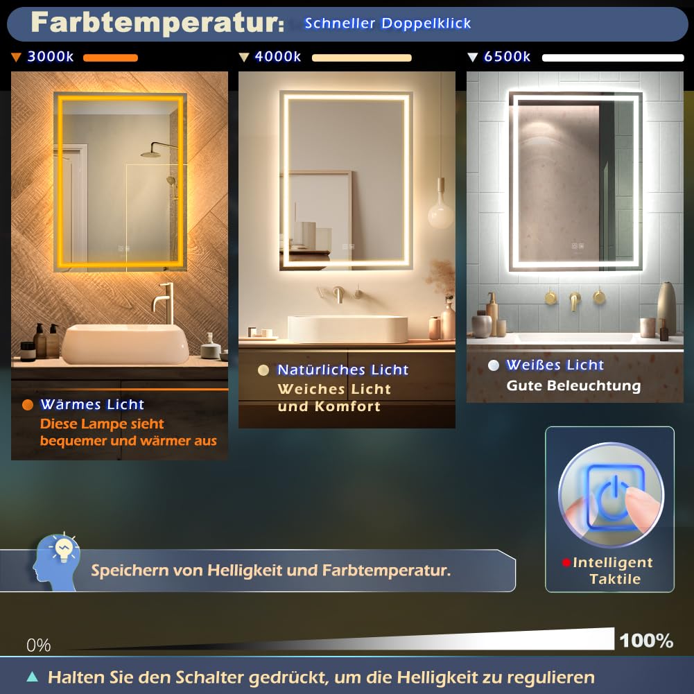 GANPE Specchio da bagno a LED, specchio da trucco, montaggio a parete, 6500 K, LED ad alto lumen, anti nebbia, IP44 impermeabile+verticale e orizzontale (90 x 60 cm)