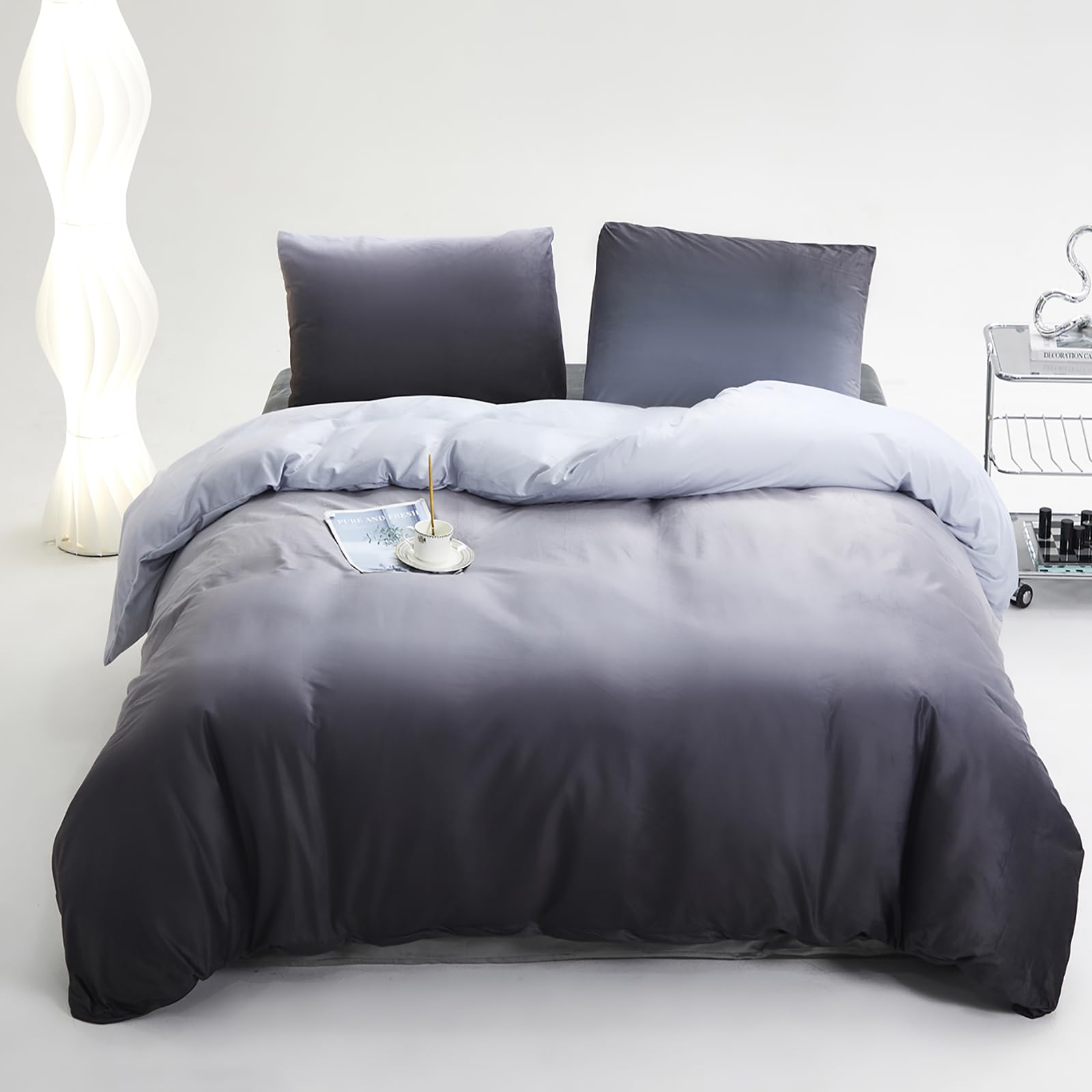 Edredón de terciopelo gris y negro Luxlovery matrimonial de franela degradada