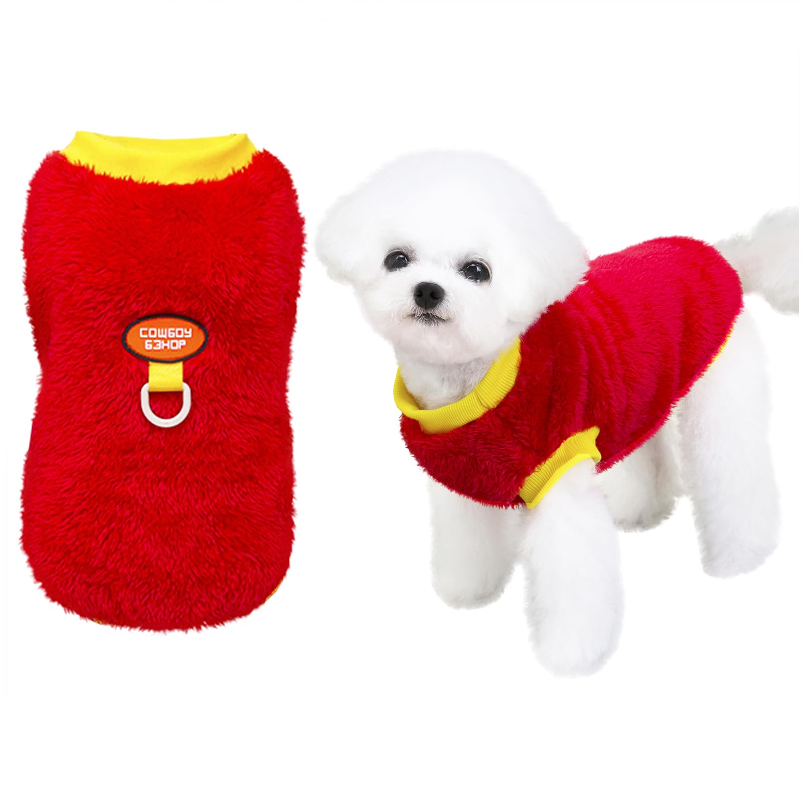 Izefia Dog Sweater Clothes Apparel Fleece Woolen Sweaters with Leash Loop Winter Warm Sweat Shirt Soft Pajamas Cute Pattern Cowboy Vest Sweater for Small Dog Medium Cat Red M