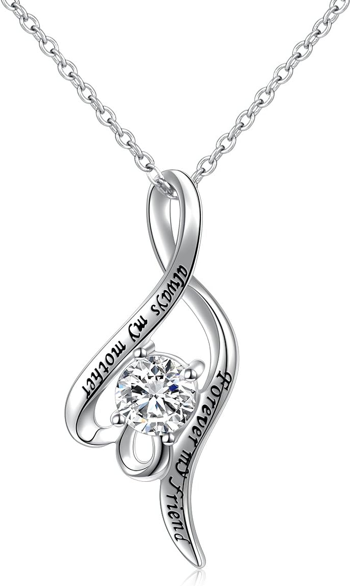 Mom Necklace S925 Sterling Silver Always My Mother,Forever My Friend Mini Twist CZ Mothers Love Friendship Pendant Necklace Chain 18 inches