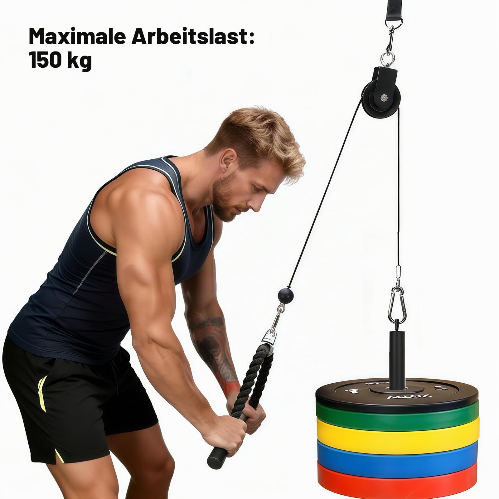 Umlenkrolle Seilrolle mit Hängegurt Karabiner Fitness Flaschenzug DIY Latzug Seil 90mm Seilrolle Fitness Latzugstange Seilzug Schaukelzubehör Trainer Zubehör für Home Gym Fitnessgeräte