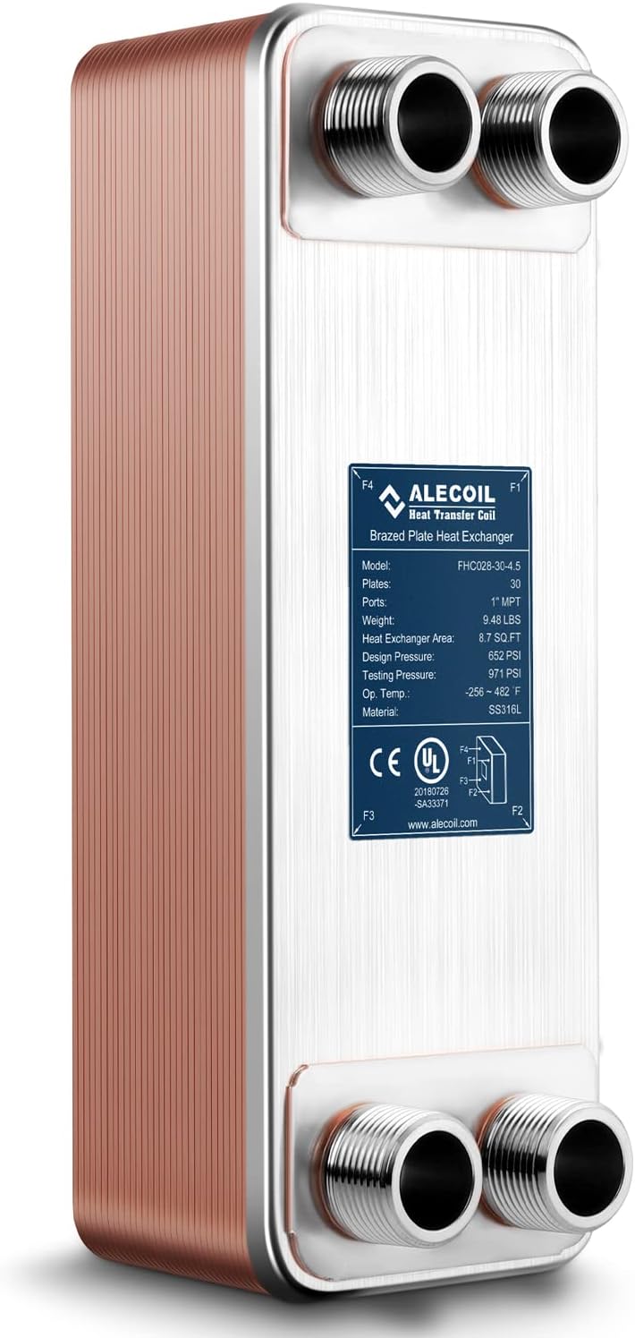 4"x12" 30 Plates Heat Exchanger with 1" MPT Port Water to Water 316L Stainless Steel Brazed Plate Heat Exchanger for Water Heating, Floor Heating, Commercial and Industrial Refrigeration