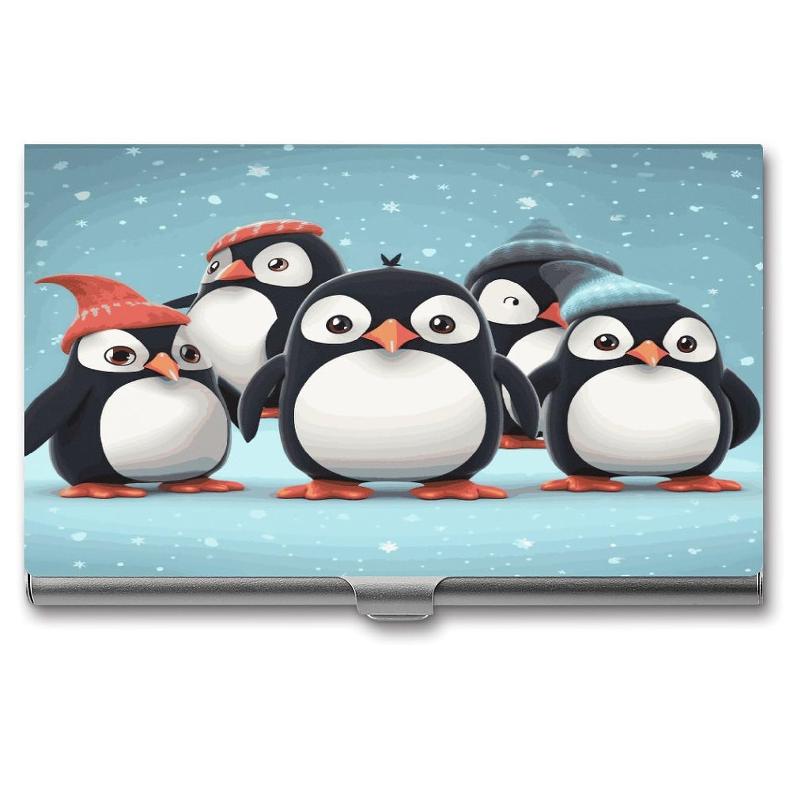FekiLoot Cute Penguins Business Card Holder for Men Women Metal Slim Organizer Business Card Carrier Wallet Name Cards Holder Retro Slim Pocket Purse Small Portable Card Case