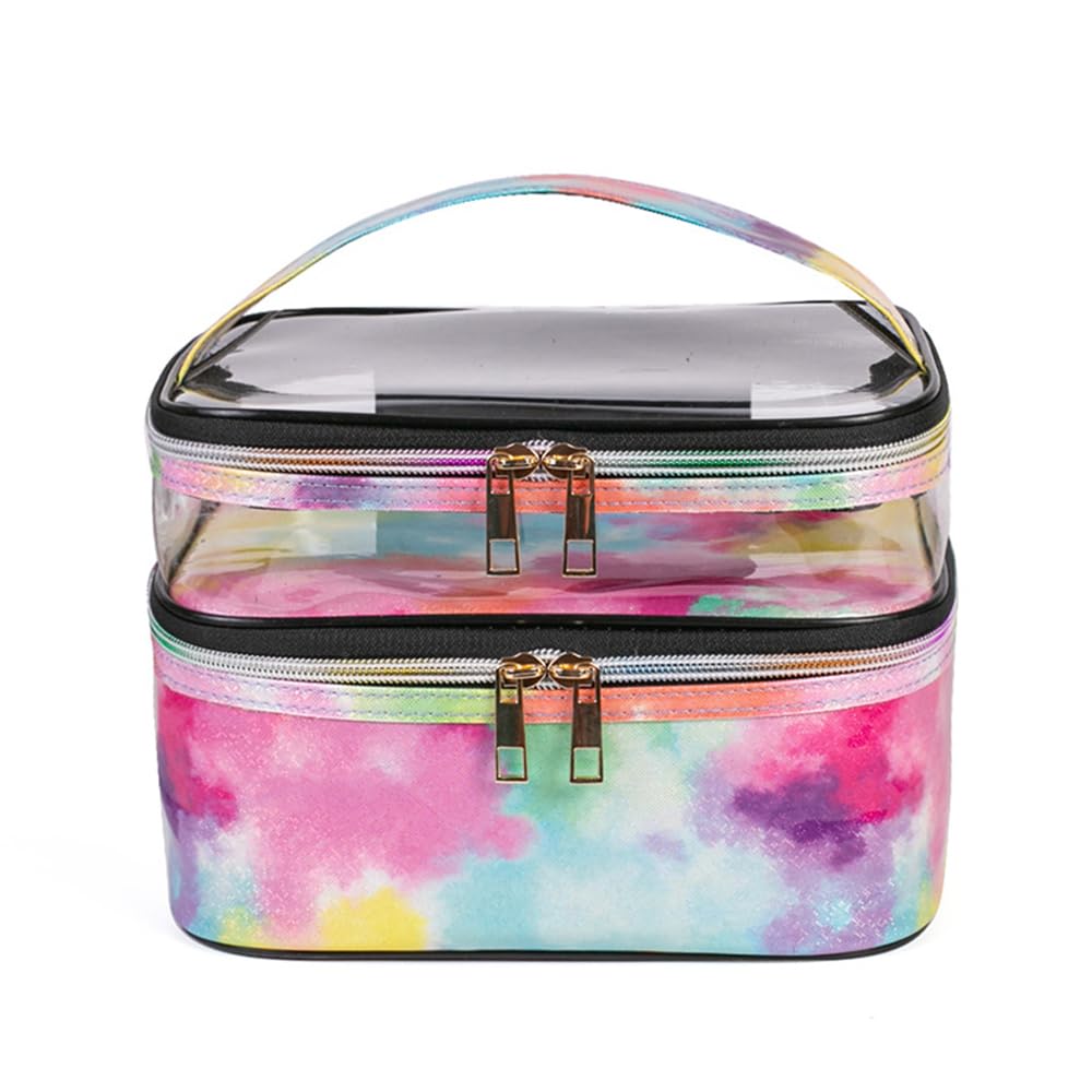 FITINI Makeup Bags Double Layer Travel Storage Cosmetic Cases Make up Organizer Toiletry Bags Water-resistant for Women Makeup Brush Bag,Tie Dyed