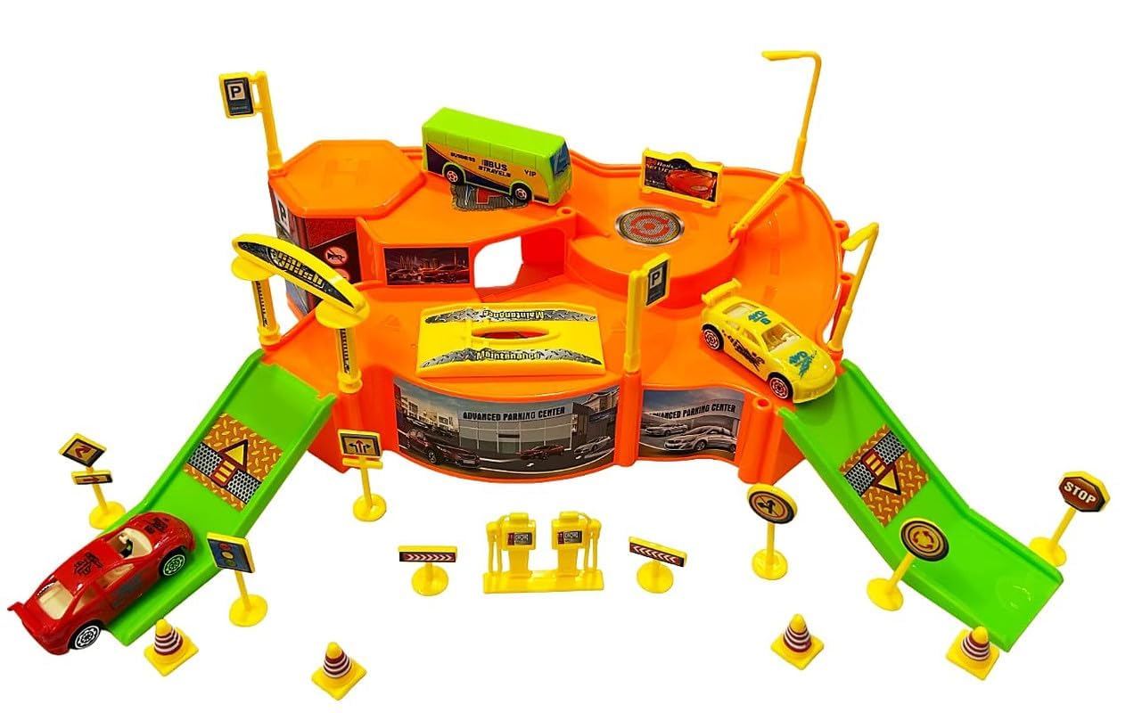 Parking Garage Playset for Kids, Multi-Level Track with Cars, Bus & Traffic Signs Car Parking Tracke Toy for Boys & Girls, Parking Center Pretend Play Vehicle Station