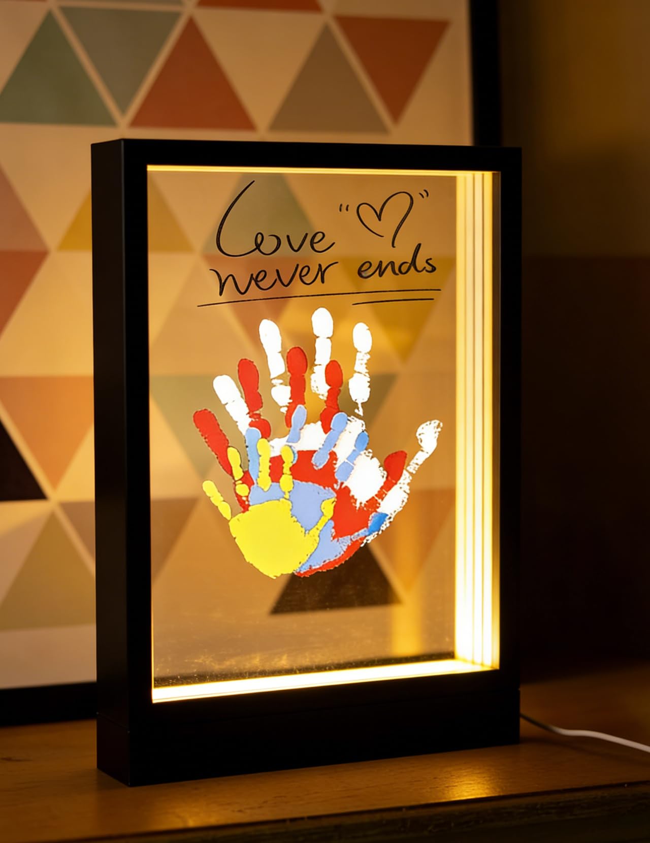 SciFiVisi Familien Handabdruck Set mit LED Nachtleuchte Fußabdruck Baby Set und für die Ganze Familie mit 4 PS-Platten,handabdruck set für paare, Holzrahmen Zum Basteln für Geschenk (Schwarz)