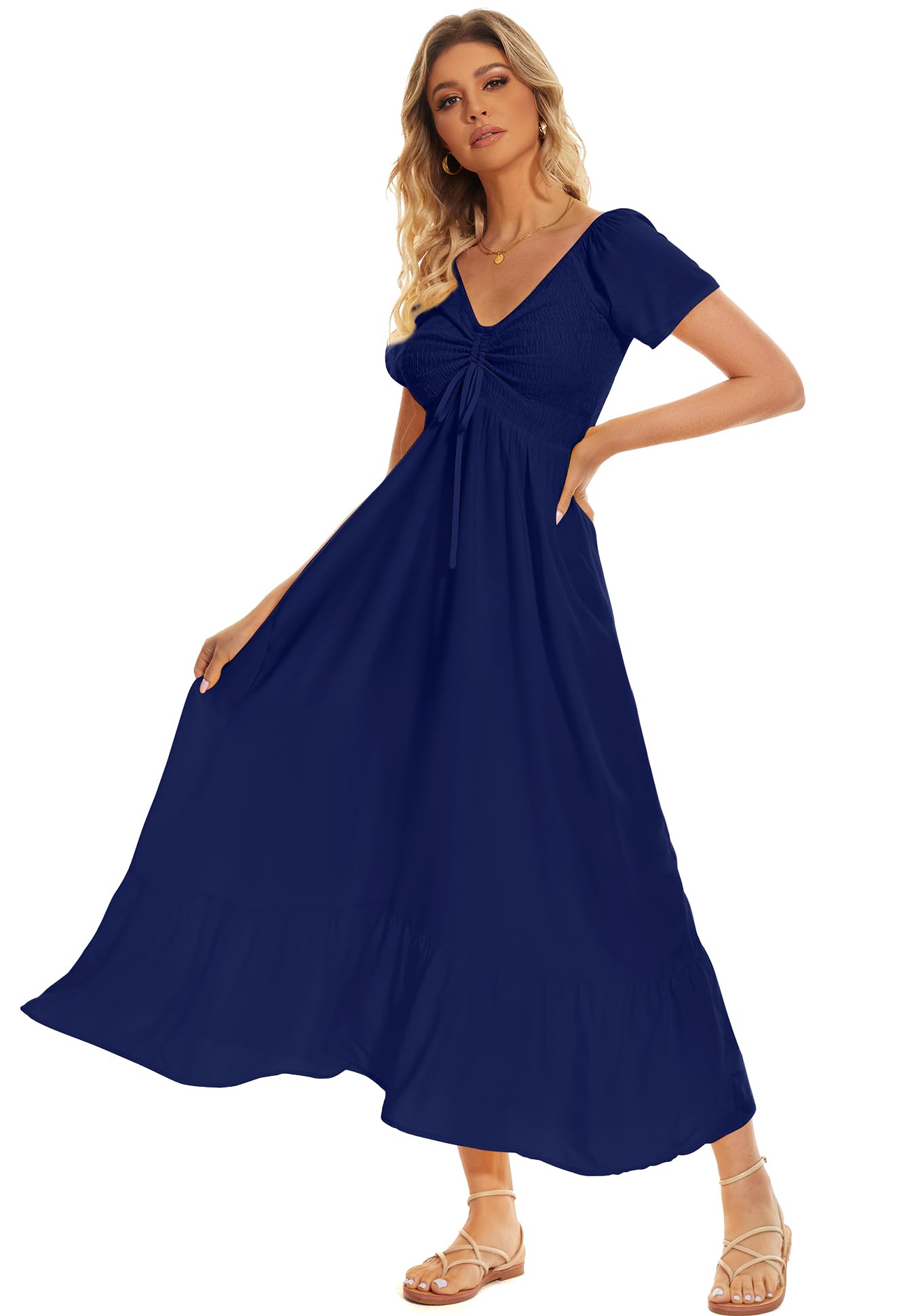 Summer Floral Smocked Maxi Dress for Women 2026 Casual Flowy Tiered A Line Boho Beach Party Long Dresses with Short Sleeve