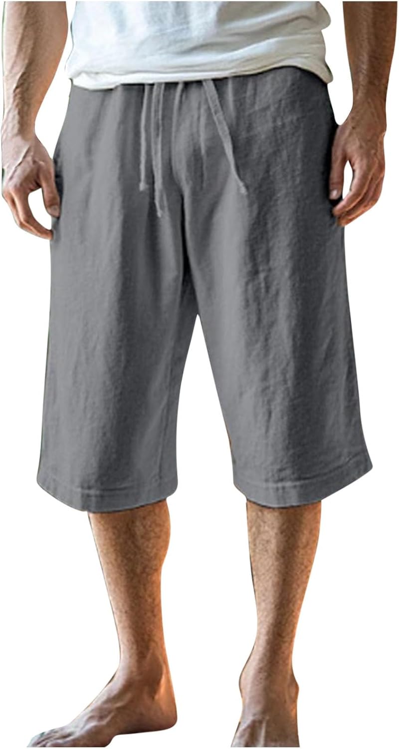 Summer Beach Capri Pants for Men Elastic Waist Drawstring Joggers Casual Vacation Cropped Trousers with Pockets