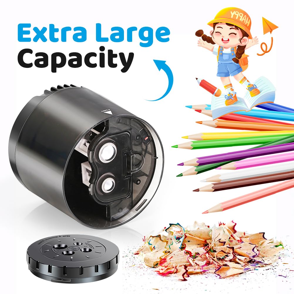 Taille-crayon électrique robuste USB et alimentation par batterie, 4 lames de rechange, 4 trous réglables pour crayons d'art de 6 à 12 mm, taille crayon automatique de grande capacité, noir