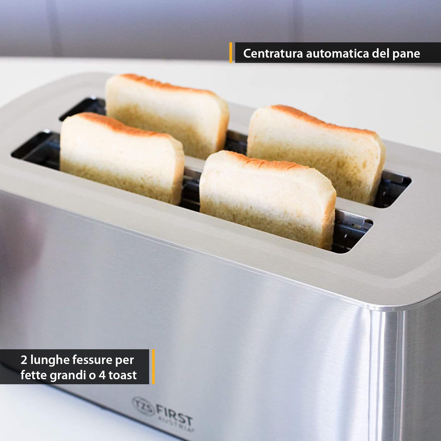 TZS First Austria Tostapane a fessura lunga, acciaio inox, 4 fette, 1400 W, con scalda panini rimovibile, vassoio raccogli briciole, centratura del toast, rivestimento anti-impronta.
