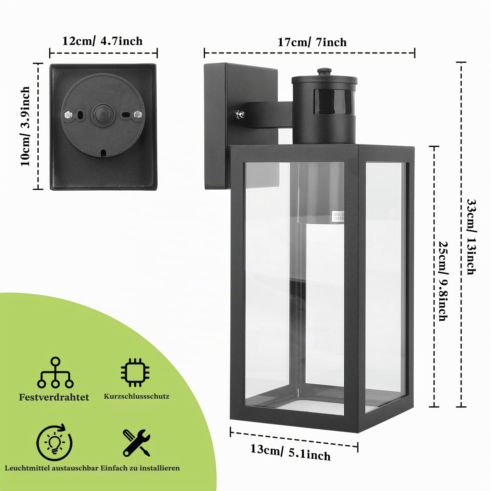 HLFVLITE Außenwandleuchte mit Bewegungsmelder aus Metall in mattschwarz und klaren Glas, 1-flammige Wandlampe Außenleuchte Alumniumguss IP54 Wasserdicht Max. 100W E27 Fassung