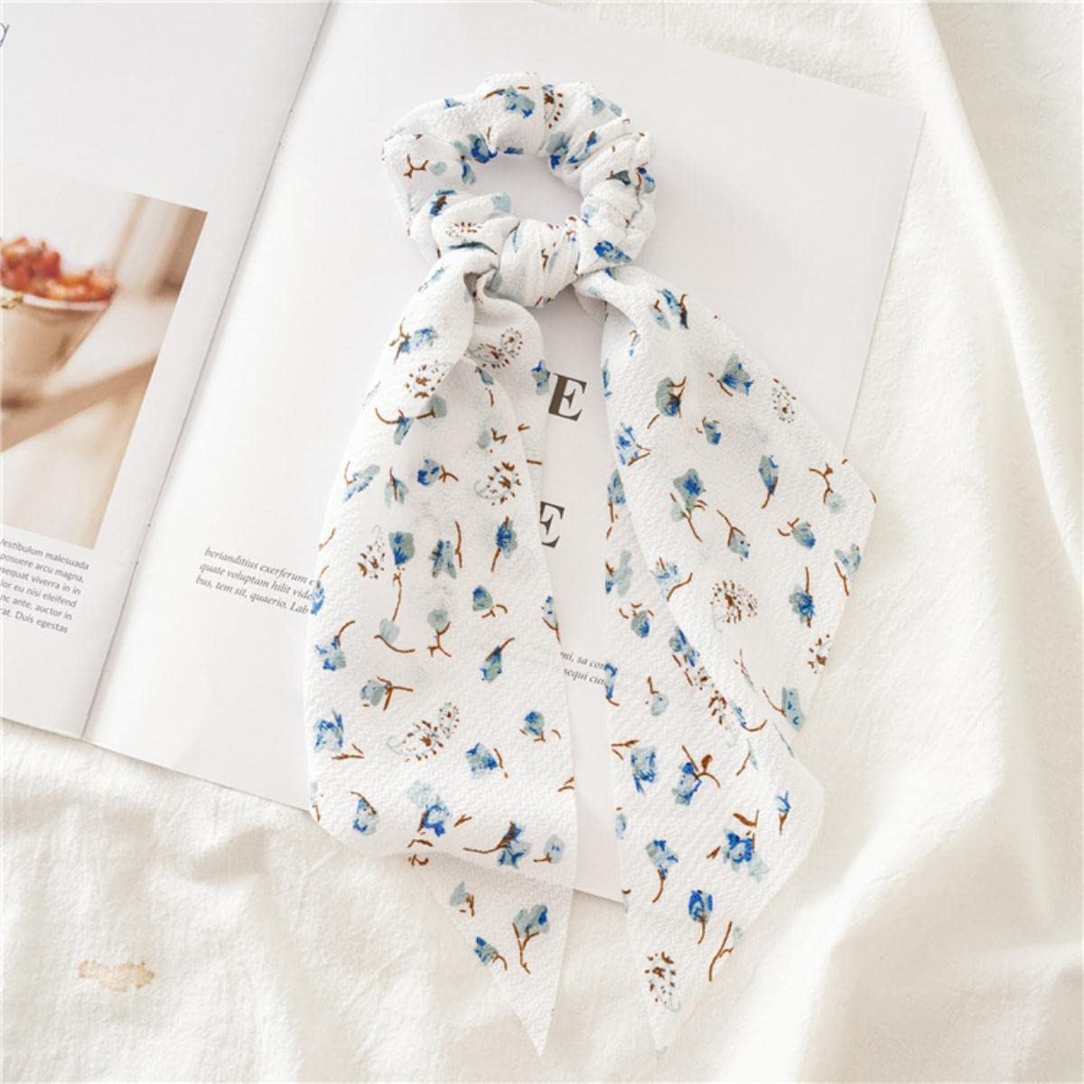 Wstążka do włosów Scrunchie Szalik Szyfonowa kokarda Elastyczne gumki do włosów Długi kucyk Krawaty Modne nakrycia głowy Akcesoria do włosów dla kobiet-Kwiat różowy (beżowy żółty)