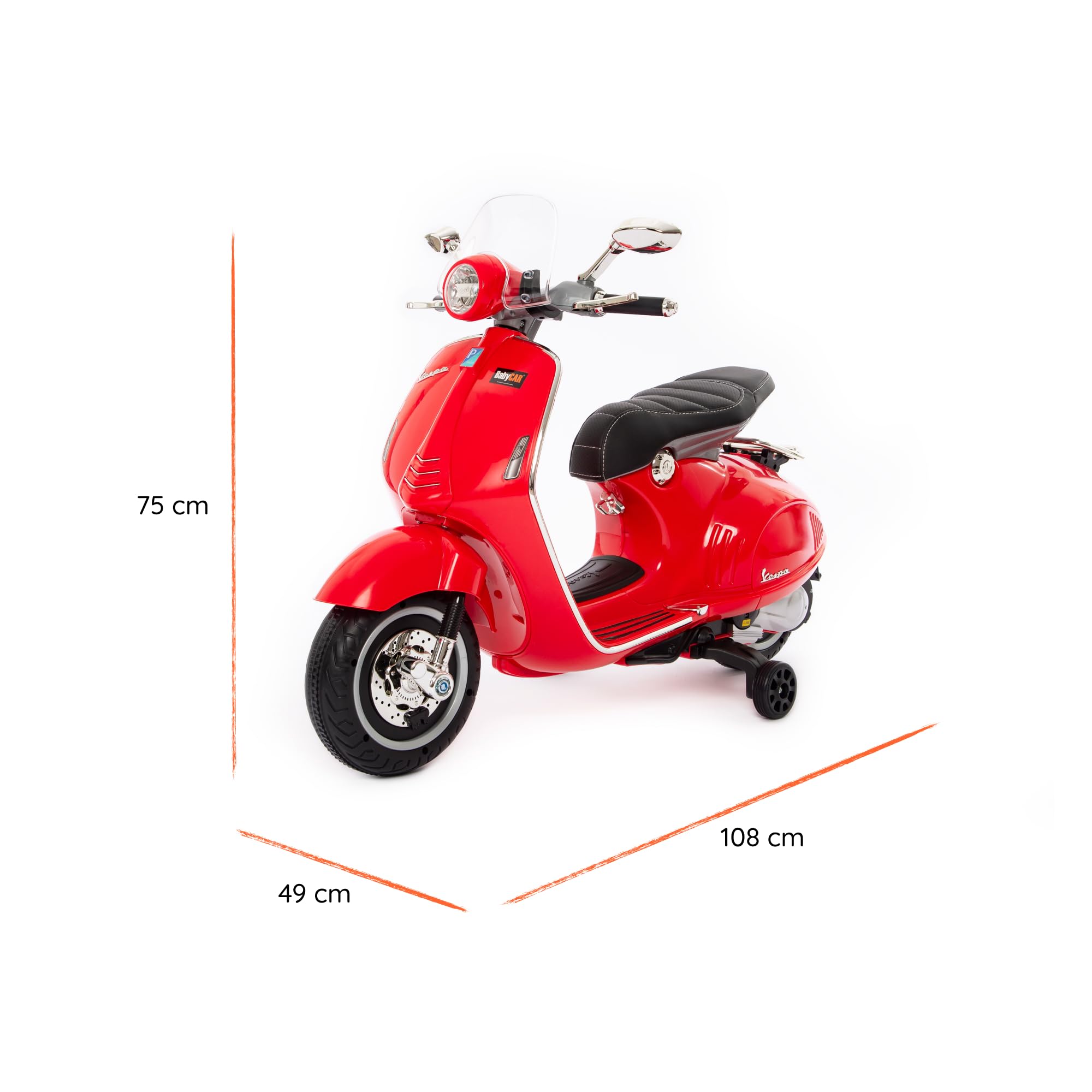 BabyCar Vespa Electrique Enfants | Moto Electrique Enfants 12V Style Vespa 946 avec Lumières, Sons Intégrés, MP3/USB et Roues Stabilisateur | 2 Moteurs de 25W avec Accélérateur à Pédale | Rouge