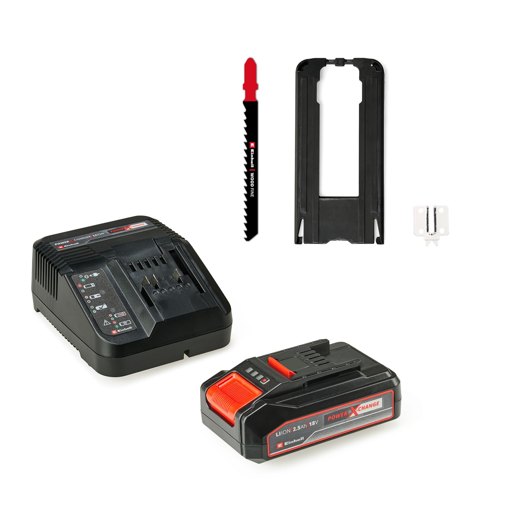 Einhell Wyrzynarka akumulatorowa TC-JS 18/70 Li (1 x 2,5 Ah) Power X-Change (18 V, głębokość cięcia 70 mm, wymiana brzeszczotu bez użycia narzędzi, adapter do odsysania, w zestawie akumulator 2,5 Ah i